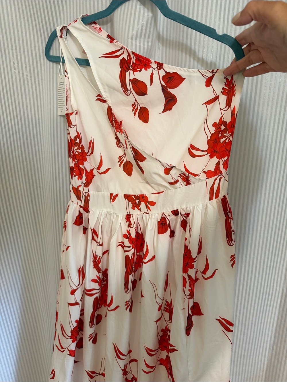 Women’s One-Shoulder White Maxi Dress with Red Floral Print